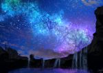  amatsuki_rei ambiguous_gender blue_sky commentary_request highres lake milky_way night night_sky original outdoors reflection scenery shooting_star signature silhouette sky standing star_(sky) starry_sky water waterfall 
