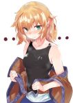  1girl asuzemu bangs blonde_hair blush breasts collarbone green_eyes looking_at_viewer medium_breasts mizuhashi_parsee pointy_ears shiny shiny_hair simple_background solo sweat tank_top taut_clothes touhou upper_body white_background wide_sleeves 