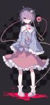  1girl absurdres bangs blood blue_shirt bobby_socks brown_eyes full_body gavrof hair_over_one_eye hairband highres komeiji_satori looking_at_viewer miniskirt pink_skirt purple_hair shirt short_hair skirt sleeves_past_wrists slippers socks solo standing third_eye touhou white_legwear wide_sleeves 