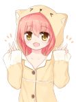  1girl :d animal_ears animal_hood bangs beige_shirt blush buttons cat_ears cat_hood cat_pajamas collarbone double_v eyebrows_visible_through_hair hair_between_eyes hands_up hood hood_up long_sleeves looking_at_viewer open_mouth original pajamas pinching_sleeves pink_hair simple_background sleeves_past_wrists smile solo upper_body v white_background wide_sleeves yellow_eyes yuuhagi_(amaretto-no-natsu) 