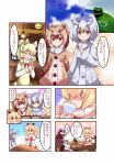  5girls alpaca_suri_(kemono_friends) animal_ears antlers blonde_hair blush breasts brown_hair closed_eyes closed_mouth comic cup drinking eurasian_eagle_owl_(kemono_friends) facing_another grey_hair holding holding_cup kemono_friends lion_(kemono_friends) lion_ears medium_breasts moose_(kemono_friends) moose_ears multicolored_hair multiple_girls northern_white-faced_owl_(kemono_friends) open_mouth parted_lips red_eyes red_neckwear red_skirt shin_mai sitting skirt small_breasts smile speech_bubble teacup translation_request two-tone_hair white_hair 