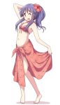  1girl ;d bangs barefoot bikini_top blush breasts eyebrows_visible_through_hair floral_print flower hair_flower hair_ornament hibiscus highres hinata_yukari long_hair looking_at_viewer mel_(melty_pot) navel one_eye_closed open_mouth ponytail print_bikini_top print_sarong purple_hair red_bikini_top sarong shadow simple_background skirt_hold small_breasts smile solo stomach toes violet_eyes white_background yuyushiki 