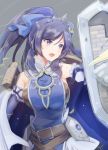  1girl bare_shoulders belt blue_hair breasts caernarfon_(oshiro_project) cape detached_sleeves holding kamaboko_red large_breasts long_hair looking_to_the_side open_mouth oshiro_project oshiro_project_re ponytail shield solo tiara 