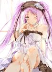  1girl bare_shoulders barefoot blush dress euryale fate/grand_order fate/hollow_ataraxia fate_(series) feet hairband lolita_hairband long_hair looking_at_viewer one_eye_closed pov_feet purple_hair raimu_(yuzu-raimu) smile soles solo toes twintails very_long_hair violet_eyes 