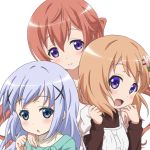  3girls :o aqua_shirt bangs black_shirt blue_eyes blush breasts brown_hair casual closed_mouth commentary_request dress eyebrows_visible_through_hair gochuumon_wa_usagi_desu_ka? hair_ornament hairclip hand_on_another&#039;s_shoulder hoto_cocoa hoto_mocha kafuu_chino light_blue_hair long_hair long_sleeves looking_at_another looking_at_viewer multiple_girls one_side_up open_mouth orange_hair red_star_(toranecomet) shirt short_hair siblings simple_background sisters small_breasts smile undershirt upper_body violet_eyes white_background white_dress x_hair_ornament 