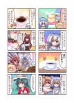  6+girls alpaca_suri_(kemono_friends) antlers blonde_hair blue_eyes blue_hair blush brown_eyes brown_hair bucket_hat censoring_text comic cup drinking eurasian_eagle_owl_(kemono_friends) eyebrows_visible_through_hair grey_hair hat kaban_(kemono_friends) kemono_friends lion_(kemono_friends) long_hair looking_at_another looking_away milk_carton moose_(kemono_friends) moose_ears multicolored_hair multiple_girls northern_white-faced_owl_(kemono_friends) open_mouth parted_lips plate shin_mai short_hair speech_bubble teacup teapot translation_request tray two-tone_hair white_hair 