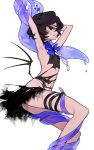  1girl armpits arms_up bangs bent_elbow black_eyes black_hair blue_neckwear blue_ribbon commentary copyright_request dress feet_out_of_frame flat_chest from_side hair_between_eyes legband looking_back looking_to_the_side low_wings mo_(mocopo) navel restrained ribbon short_hair simple_background slime sweat tentacle torn_clothes torn_dress torn_ribbon white_background wings 