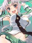  1girl akitsushima_(kantai_collection) armpits arms_up breasts commentary_request grey_hair kantai_collection large_breasts long_hair miniskirt navel open_mouth pleated_skirt side_ponytail skirt solo twitter_username violet_eyes youmou_usagi 