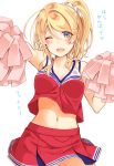  1girl ayase_eli blonde_hair blue_eyes blush cheerleader commentary_request crop_top hair_between_eyes love_live! love_live!_school_idol_project midriff miniskirt mogu_(au1127) navel one_eye_closed pom_poms ponytail sidelocks simple_background skirt solo tank_top translation_request white_background white_scrunchie 