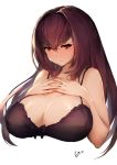  1girl artist_name bangs bare_legs bare_shoulders blush bra breast_suppress breasts cleavage closed_mouth eyebrows_visible_through_hair fate/grand_order fate_(series) gao_(gaolukchup) hair_between_eyes huge_breasts long_hair looking_down purple_bra purple_hair red_eyes scathach_(fate/grand_order) simple_background solo underwear underwear_only upper_body white_background 