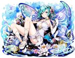  1girl ankle_ribbon blue_eyes blue_hair blue_nails bow breasts butterfly_wings cleavage cleavage_cutout collarbone detached_sleeves divine_gate eyebrows_visible_through_hair feet flower full_body hair_between_eyes hair_bow hair_flower hair_ornament hair_ribbon highres medium_breasts nail_polish parted_lips pink_bow pink_ribbon ribbon shadow short_hair simple_background sleeveless solo thigh_strap toenail_polish toes ucmm white_background white_flower white_ribbon wings 