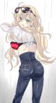  1girl alternate_costume ame_kami_chisato angry ass blonde_hair bra cowboy_shot denim eyewear_on_head from_behind green_eyes hair_between_eyes jeans kantai_collection long_hair looking_at_viewer looking_back mole mole_under_eye pants red_bra richelieu_(kantai_collection) solo underwear undressing white_background 