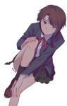  1girl asymmetrical_hair blazer brown_eyes brown_hair dutch_angle hair_ornament highres invisible_chair iwakura_lain jacket liangchanxingmingrixiang loafers looking_at_viewer miniskirt parted_lips pleated_skirt school_uniform serial_experiments_lain shoes short_hair simple_background sitting skirt solo white_background x_hair_ornament 