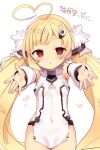  1girl ahoge arms_up azur_lane blonde_hair blush breasts covered_navel cowboy_shot detached_sleeves eldridge_(azur_lane) eyebrows_visible_through_hair facial_mark hair_ornament hairclip heart heart-shaped_pupils heart_ahoge kedama_milk long_hair looking_at_viewer outstretched_hand red_eyes simple_background small_breasts solo symbol-shaped_pupils twintails very_long_hair 