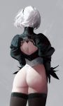  1girl ass back back_cutout black_dress black_hairband cowboy_shot dongho_kang dress feather-trimmed_sleeves from_behind hairband leotard nier_(series) nier_automata realistic silver_hair solo thigh-highs turtleneck turtleneck_dress white_leotard yorha_no._2_type_b 