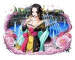  1girl black_hair blue_eyes boa_hancock bodskih breasts cleavage collarbone earrings jewelry large_breasts long_hair looking_at_viewer one_piece parted_lips pink_flower red_flower smile solo standing transparent_background 
