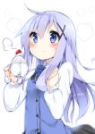  1girl =3 bangs black_skirt blue_eyes blue_neckwear blue_vest bow bowtie breasts buttons closed_mouth collared_shirt commentary_request cup dated eyebrows_visible_through_hair food fruit gochuumon_wa_usagi_desu_ka? hair_between_eyes hair_ornament hairclip holding holding_cup kafuu_chino light_blue_hair long_hair long_sleeves looking_at_viewer rabbit_house_uniform shirt skirt small_breasts smile solo strawberry tousaki_shiina upper_body vest whipped_cream white_background white_shirt wing_collar x_hair_ornament 
