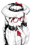 1girl adjusting_eyewear animal_ears ascot buttons closed_mouth collared_shirt commentary_request glasses greyscale hair_ribbon highres horned_girl_(jaco) horns jaco long_hair long_sleeves looking_at_viewer monochrome original red-framed_eyewear red_eyes red_neckwear red_ribbon ribbon sash shirt simple_background solo spot_color white_background 