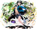  1girl :d bike_shorts black_hair black_shorts black_skirt blue_jacket brown_sweater divine_gate full_body green_eyes hair_between_eyes highres holding jacket miniskirt one_leg_raised open_clothes open_jacket open_mouth orange_neckwear outstretched_arm pleated_skirt shadow shirt short_hair shorts shorts_under_skirt simple_background skirt smile solo ucmm white_background white_shirt 