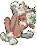  1girl animal_ears ass blonde_hair breasts cat_ears dark_skin guilty_gear guilty_gear_xrd long_hair looking_at_viewer open_mouth orange_eyes oro_(sumakaita) ramlethal_valentine solo tail under_boob white_background white_hair 