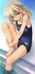  1girl :o bangs barefoot blonde_hair breasts chestnut_mouth chima_q commentary_request drill_hair eyebrows_visible_through_hair highres knee_up leg_hug looking_at_viewer luna_child one-piece_swimsuit one-piece_tan open_mouth orange_eyes pool school_swimsuit short_hair small_breasts solo swimsuit tan tanline toes touhou water 