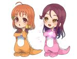  2girls :d :o ahoge bangs beniko08 blush bow braid chibi clover_hair_ornament commentary_request dinosaur_costume energy food fruit hair_bow hair_ornament hairclip highres long_hair long_sleeves looking_at_another looking_at_viewer love_live! love_live!_sunshine!! mandarin_orange multiple_girls one_side_up open_mouth orange_hair pose red_eyes redhead sakurauchi_riko short_hair side_braid simple_background smile standing takami_chika white_background yellow_bow yellow_eyes 