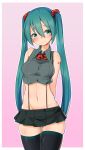  1girl aqua_eyes aqua_hair arms_behind_back blush bow bowtie cowboy_shot eyebrows_visible_through_hair gluteal_fold hatsune_miku head_tilt highres long_hair midriff navel pink_background scrunchie skindentation skirt smile solo suspenders thigh-highs twintails very_long_hair vocaloid 