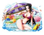  1girl arm_support bikini black_hair blue_eyes boa_hancock bodskih breasts cleavage collarbone earrings finger_to_mouth fish hips jewelry large_breasts long_hair looking_at_viewer o-ring_bikini one_piece open_mouth red_bikini sitting solo swimsuit thighs transparent_background very_long_hair 