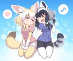  2girls ;d animal_ears black_hair black_skirt blonde_hair blush bow bowtie breasts brown_eyes commentary_request common_raccoon_(kemono_friends) fang fennec_(kemono_friends) fox_ears fox_tail fur_trim gloves grey_hair heart kemono_friends multicolored_hair multiple_girls musical_note one_eye_closed open_mouth pantyhose paw_pose pleated_skirt raccoon_ears raccoon_tail ransusan short_hair short_sleeves skirt small_breasts smile spoken_heart spoken_musical_note tail thigh-highs v_arms white_hair white_legwear white_skirt yellow_legwear 