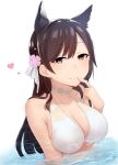  1girl absurdres akky_(akimi1127) atago_(azur_lane) azur_lane bangs bare_shoulders bikini black_hair blush breasts brown_eyes cleavage closed_mouth collarbone commentary_request eyebrows_visible_through_hair finger_to_mouth hair_ribbon halterneck heart highres large_breasts long_hair looking_at_viewer mole mole_under_eye partially_submerged ribbon simple_background smile solo swimsuit upper_body white_bikini white_neckwear white_ribbon 