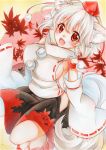  1girl animal_ears bare_shoulders breasts detached_sleeves geta hat inubashiri_momiji kimidori_kisuke large_breasts looking_at_viewer marker_(medium) open_mouth pom_pom_(clothes) red_eyes ribbon-trimmed_sleeves ribbon_trim short_hair sideboob silver_hair solo tail tokin_hat touhou traditional_media wolf_ears wolf_tail 