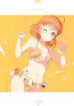  1girl 6u_(eternal_land) absurdres ahoge bangs bikini blush breasts halterneck highres looking_at_viewer love_live! love_live!_sunshine!! one_eye_closed orange_hair red_eyes short_hair simple_background small_breasts smile solo splashing swimsuit takami_chika waving 