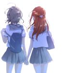  2girls azuma_(no488888) backpack bag commentary_request earphones from_behind grey_hair hair_ornament hairclip half_updo hand_holding highres long_hair love_live! love_live!_sunshine!! multiple_girls pleated_skirt redhead sakurauchi_riko school_bag school_uniform serafuku shared_earphones short_hair short_sleeves simple_background skirt watanabe_you white_background yuri 