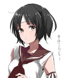  1girl black_hair brown_eyes detached_sleeves expressionless headband highres kantai_collection looking_at_viewer morinaga_(harumori) nagara_(kantai_collection) one_side_up school_uniform serafuku shirt sleeveless sleeveless_shirt solo 