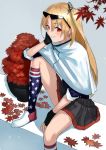  1girl american_flag_legwear azur_lane between_legs black_gloves black_skirt blonde_hair blue_shirt blurry blurry_foreground blush branch capelet chin_rest cleveland_(azur_lane) commentary_request depth_of_field elbow_on_knee eyebrows_visible_through_hair eyewear_on_head fingerless_gloves gloves grey_background hair_between_eyes hand_between_legs kneehighs leaf looking_at_viewer maple_leaf one_leg_raised one_side_up plant pleated_skirt potted_plant red_eyes shirt shoes sitting skirt smile solo star star_print wasabi60 