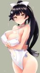  1girl azur_lane black_hair bow breasts brown_eyes casual_one-piece_swimsuit choker cleavage cowboy_shot erect_nipples flower grey_background hair_bow hair_flower hair_ornament highres large_breasts long_hair looking_at_viewer navel_cutout one-piece_swimsuit ponytail signature simple_background solo swimsuit taka_shida takao_(azur_lane) white_bow white_swimsuit 