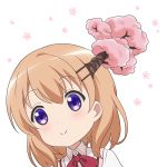  1girl alternate_hair_ornament bangs blush bow bowtie cherry_blossoms closed_mouth collared_shirt commentary_request eyebrows_visible_through_hair gochuumon_wa_usagi_desu_ka? hair_ornament hairclip hoto_cocoa looking_at_viewer orange_hair pink_vest portrait rabbit_house_uniform red_neckwear red_star_(toranecomet) shirt short_hair smile solo violet_eyes white_background wing_collar 