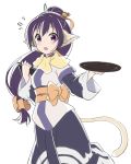  1girl :o animal_ears bangs blush breasts commentary_request cosplay gochuumon_wa_usagi_desu_ka? hair_ornament hair_ribbon holding holding_menu holding_tray japanese_clothes kuon_(utawareru_mono) kuon_(utawareru_mono)_(cosplay) long_hair long_sleeves looking_at_viewer low-tied_long_hair medium_breasts obi open_mouth orange_ribbon purple_hair red_star_(toranecomet) ribbon sash sidelocks simple_background solo standing standing_on_one_leg tail tedeza_rize tray utawareru_mono utawareru_mono:_itsuwari_no_kamen violet_eyes white_background wide_sleeves 