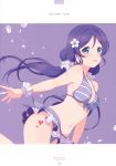  1girl 6u_(eternal_land) :d absurdres bikini blush breasts cleavage green_eyes halterneck highres long_hair looking_at_viewer love_live! love_live!_school_idol_project low_twintails medium_breasts navel open_mouth purple_hair simple_background smile solo splashing swimsuit toujou_nozomi twintails 