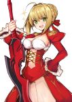  &gt;:d 1girl :d aestus_estus ahoge bangs blonde_hair braid breasts cleavage cleavage_cutout cowboy_shot dress epaulettes eyebrows_visible_through_hair fate/extra fate_(series) french_braid green_eyes hair_intakes hair_ribbon hand_on_hip haruyuki_(yukichasoba) head_tilt holding holding_sword holding_weapon juliet_sleeves long_sleeves looking_at_viewer medium_breasts open_mouth puffy_sleeves red_dress red_ribbon ribbon round_teeth saber_extra short_hair simple_background smile solo sparkle sword teeth underbust weapon white_background 