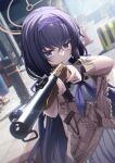  1girl blue_archive blurry blurry_background brown_sweater closed_mouth gun hair_between_eyes hairband halo highres holding holding_gun holding_weapon light_smile long_hair outdoors purple_hair purple_hairband skirt smile solo sweater ui_(blue_archive) violet_eyes weapon white_skirt xaiqi 