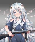  1girl absurdres blue_eyes blush cha_fen closed_mouth collarbone dated eyebrows girls_frontline gun highres holding holding_gun holding_weapon long_hair ribeyrolles_1918_(girls_frontline) silver_hair solo upper_body weapon 