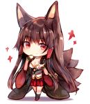  1girl akagi_(azur_lane) animal_ears azur_lane bangs black_legwear breasts brown_hair chibi cleavage closed_mouth eyebrows_visible_through_hair fox_ears fox_shadow_puppet fox_tail full_body hakama_skirt hands_up highres japanese_clothes kneehighs kyuubi medium_breasts multiple_tails pleated_skirt red_eyes red_skirt sidelocks simple_background skirt smile solo sukemyon tail white_background 