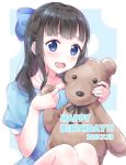  1girl :d bangs black_hair blue_bow blue_dress blue_eyes blush bow commentary_request dated dress hair_bow half_updo happy_birthday highres holding holding_stuffed_animal long_hair looking_at_viewer mole mole_under_eye open_mouth pipette_(artist) real_life smile solo stuffed_animal stuffed_toy suzuki_aina_(seiyuu) teddy_bear 