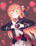  1girl absurdres blush brown_hair eyebrows_visible_through_hair girls_frontline green_eyes heart heart-shaped_boob_challenge heart_background heart_hands highres long_hair looking_at_viewer m1903_springfield_(girls_frontline) parted_lips ribbon smile solo tttanggvl 