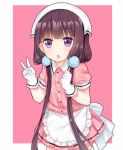  1girl :o apron bangs blend_s blunt_bangs blush brown_hair clenched_hand cowboy_shot frilled_apron frills gloves hair_bobbles hair_ornament hair_over_shoulder hands_up head_scarf long_hair looking_at_viewer low_twintails parted_lips pink_shirt pink_skirt pleated_skirt puffy_sleeves sakuranomiya_maika shirt skirt solo tengxiang_lingnai twintails uniform v very_long_hair violet_eyes waist_apron waitress white_apron white_gloves 