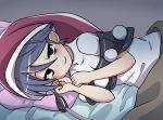  1girl antinomy_of_common_flowers bangs bed_sheet blanket blue_eyes blue_hair blush capelet commentary_request doremy_sweet empty_eyes eyebrows_visible_through_hair hair_between_eyes hat hato_no_suisou highres looking_at_viewer lying nightcap on_side pillow pom_pom_(clothes) short_hair smile solo tail tapir_tail touhou upper_body 