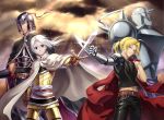  4boys absurdres ahoge alphonse_elric armor arslan arslan_senki belt black_pants black_shirt blonde_hair blue_eyes brown_gloves chains cowboy_shot creator_connection daryoon edward_elric full_armor full_body fullmetal_alchemist gloves hair_between_eyes helmet highres holding holding_sword holding_weapon looking_at_viewer mechanical_arm midriff multiple_boys outdoors pants ponytail shirt short_hair silence silver_hair spaulders standing stomach sword weapon yellow_eyes 