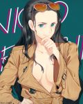  1girl alternate_costume ban_(bango) black_hair blue_eyes blue_pupils breasts breasts_apart buttons character_name chin_stroking closed_mouth coat collarbone eyewear_on_head forehead hair_over_shoulder hair_slicked_back hand_on_hip hand_on_own_chin hand_up highres long_hair long_sleeves looking_at_viewer nico_robin no_bra no_shirt one_piece smile solo sunglasses twitter_username unbuttoned upper_body wide_sleeves 