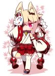  1girl animal_ears blonde_hair chibi collar eyebrows_visible_through_hair fox_ears fox_mask fox_tail glowing glowing_eye hair_ornament hairclip holding holding_mask looking_at_viewer mask naga_u original pink_eyes sandals short_hair solo tail thigh-highs white_legwear 